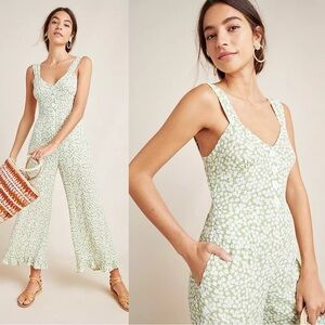 Faithfull the Brand Green Floral Jumpsuit with Ruffle Leg Hem